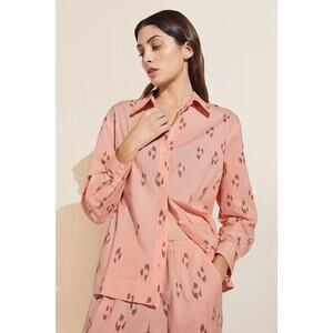 NWT Eberjey Women's Organic Sandwashed‎ Cotton Printed Long Sleeve Pink Shirt XS